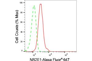Flow cytometric analysis of NR2E1 expression in HT- cells using NR2E1 antibody (ABIN7799654), 1:2,000).