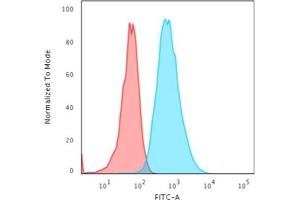 Flow Cytometric Analysis of HeLa cells using Cytokeratin 7 Mouse Monoclonal Antibody (OV-TL12/30) followed by Goat anti-Mouse IgG-CF488 (Blue); Isotype Control (Red). (Cytokeratin 7 anticorps)