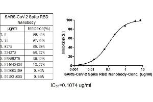 Neutralizing Assay: Binding signal of SARS-CoV-2 Spike RBD Nanobody (ABIN6953152) and SARS-CoV-2-S1-RBD (ABIN6953166) was inhibited by ACE2 protein-HRP conjugated inhibitor with the IC50 is 0.