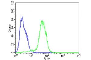 Flow cytometric analysis of HepG2 cells using (Mouse) Epcam Antibody (C-term)(green, Cat(ABIN6242229 and ABIN6577822)) compared to an isotype control of rabbit IgG(blue).