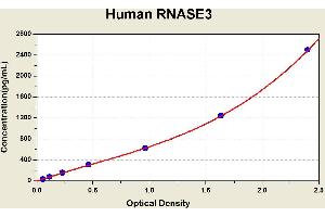 Diagramm of the ELISA kit to detect Human RNASE3with the optical density on the x-axis and the concentration on the y-axis. (RNASE3 Kit ELISA)