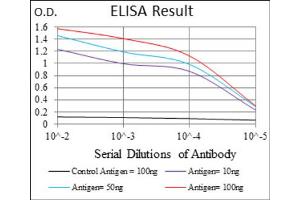 Red: Control Antigen (100ng) ; Purple: Antigen (10ng) ; Green: Antigen (50ng) ; Blue: Antigen (100ng).