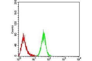 Flow cytometric analysis of Hela cells using MOB1A mouse mAb (green) and negative control (red).