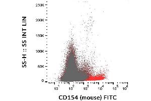Surface staining of activated murine splenocytes (PHA + PMA + ionomycin for 6 hours) using anti-CD154 (MR-1) FITC. (CD40 Ligand anticorps  (FITC))