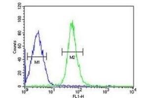 HMGA2 antibody flow cytometric analysis of HepG2 cells (right histogram) compared to a negative control (left histogram).