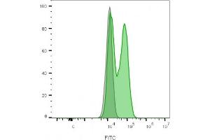 Flow cytometry analysis of lymphocyte-gated PBMCs unstained (gray) or stained with CF488A-labeled CD56 monoclonal antibody (NCAM1/2217R) (green). (Recombinant CD56 anticorps)