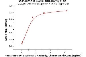 Immobilized SARS-CoV-2 S1 protein NTD, His Tag (ABIN6992377) at 1 μg/mL (100 μL/well) can bind A-CoV-2 Spike NTD Antibody, Chimeric mAb  with a linear range of 0.