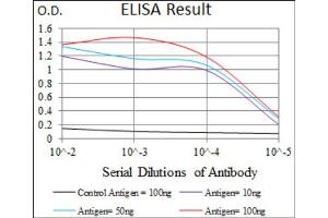 Red: Control Antigen (100ng) ; Purple: Antigen (10ng) ; Green: Antigen (50ng) ; Blue: Antigen (100ng).