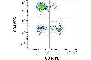Flow cytometry multicolor surface staining pattern of human lymphocytes using anti-human CD16 (3G8) PE antibody (20 μL reagent / 100 μL of peripheral whole blood) and anti-human CD3 (UCHT1) APC antibody (10 μL reagent / 100 μL of peripheral whole blood). (CD16 anticorps  (PE))