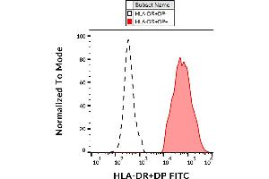 Flow cytometry analysis (surface staining) of human peripheral blood with anti-human HLA-DR+DP (MEM-136) FITC. (HLA-DP/DR anticorps  (FITC))