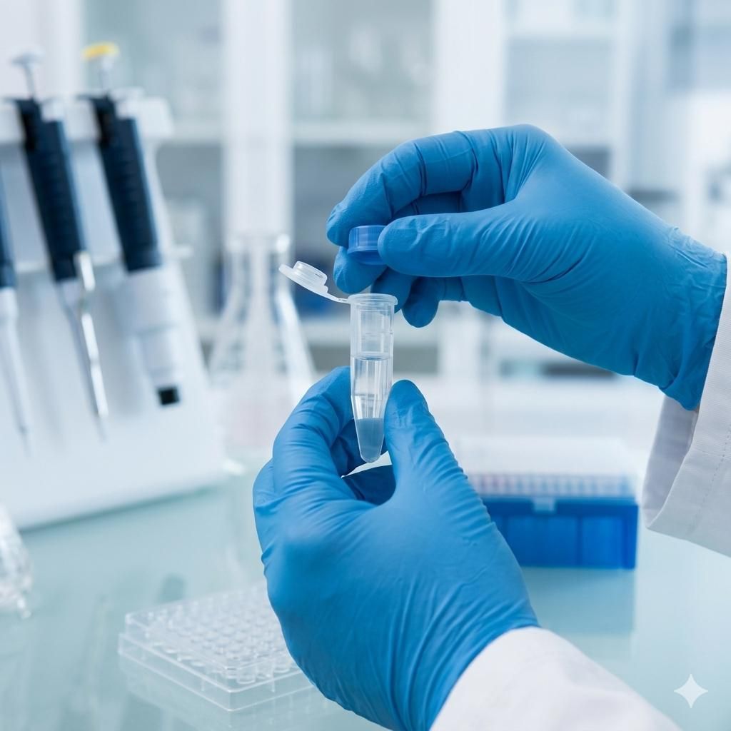 Chercheur en sciences de la vie manipulant un tube de microcentrifugeuse contenant des protéines cibles de haute pureté pour la validation de tests.